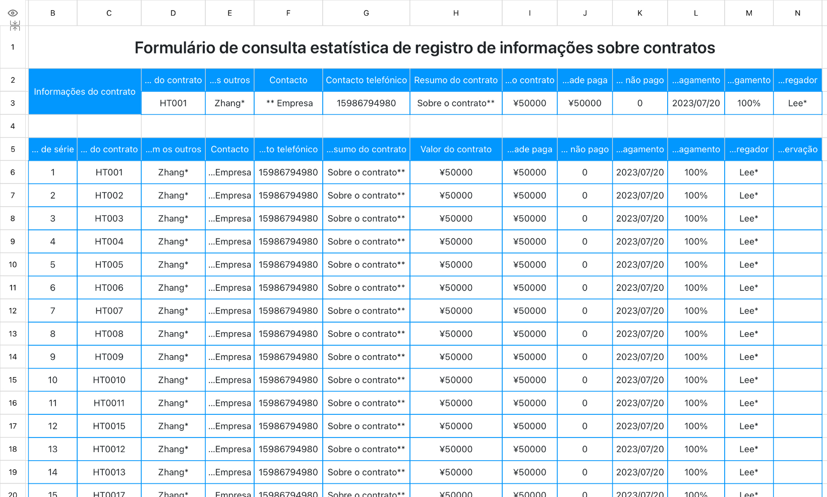 Formulário de consulta estatística de registro de informações sobre contratos